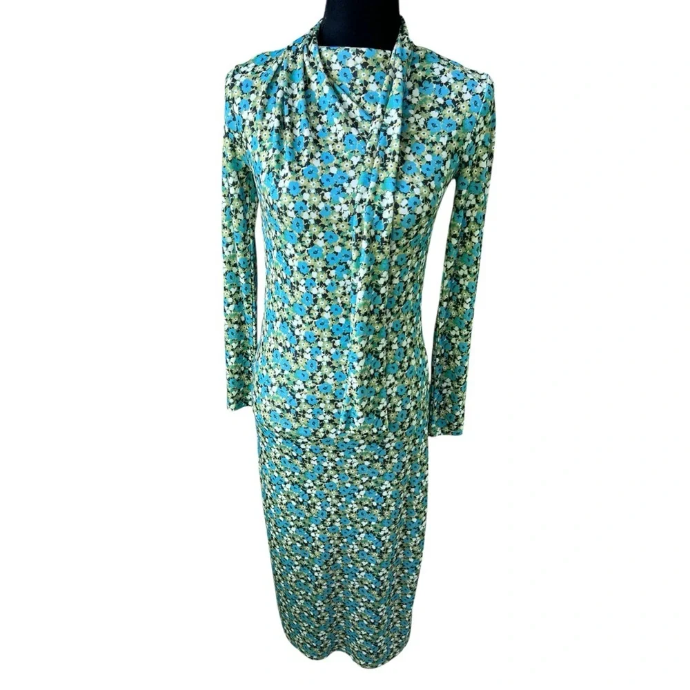 Zara‎ green blue floral long-sleeve midi dress high neck Kentucky Derby Medium